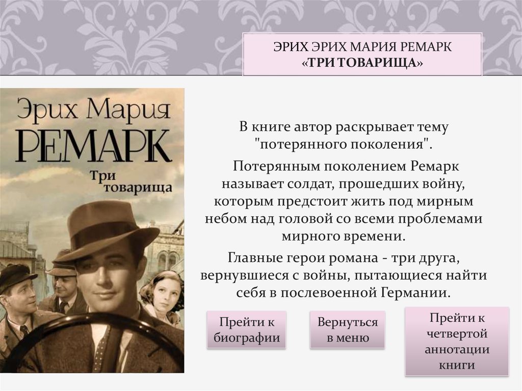 Тема судьбы и образ потерянного поколения. «Три товарища» Эриха Марии Ремарка. Ремарк э. м. "три товарища".