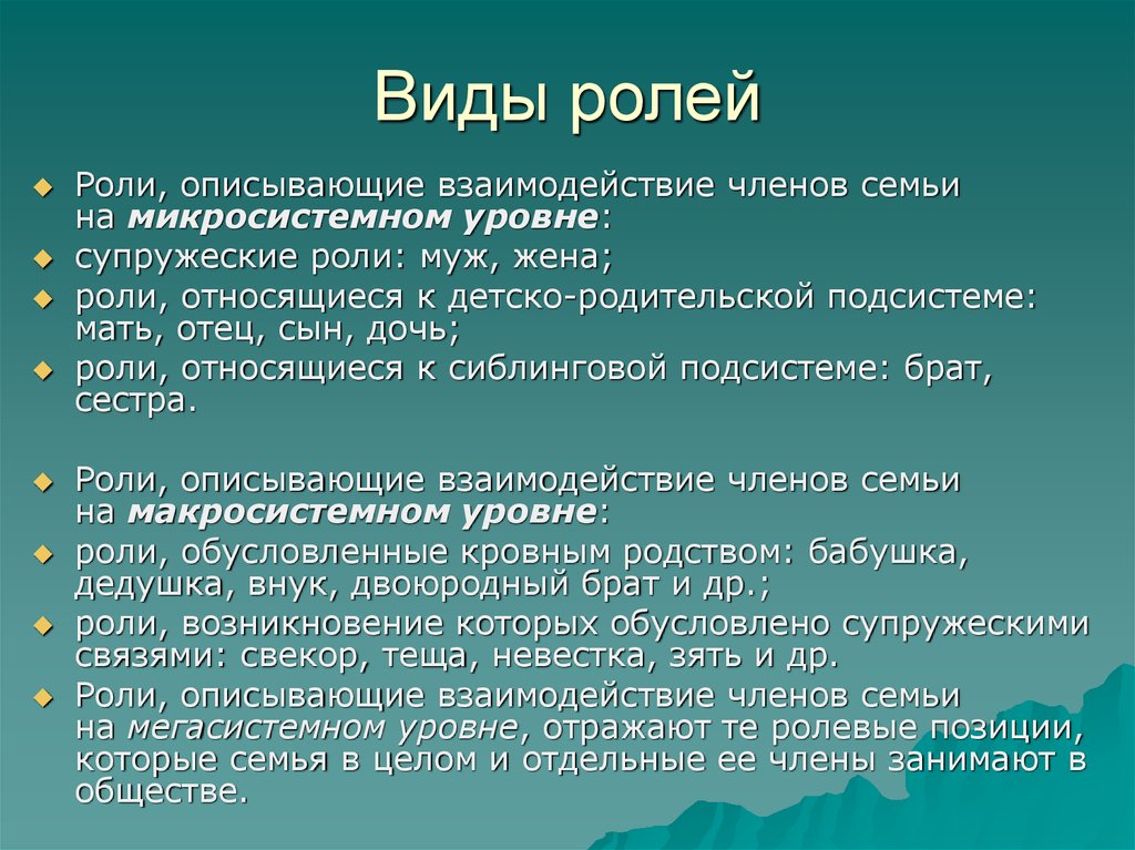 Функции семьи основные роли членов семьи