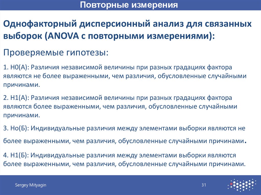 Повторные измерения. Дисперсионный анализ для связанных выборок это. Нулевая гипотеза для однофакторного дисперсионного анализа. Однофакторный дисперсионный анализ для связанных выборок. Дисперсионный анализ с повторными измерениями.