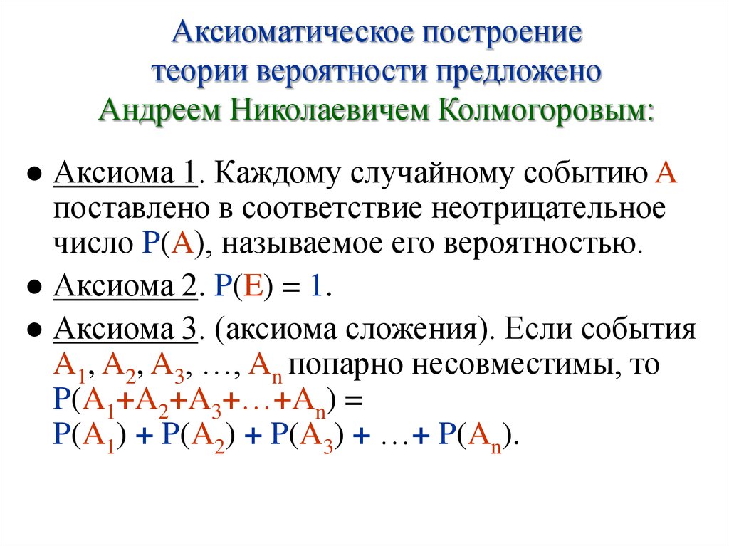 Математик аксиома. 4 Аксиомы теории вероятностей. Аксиоматическое построение теории вероятностей. Аксиомы Колмогорова теория вероятности. Формула Колмогорова теория вероятности.
