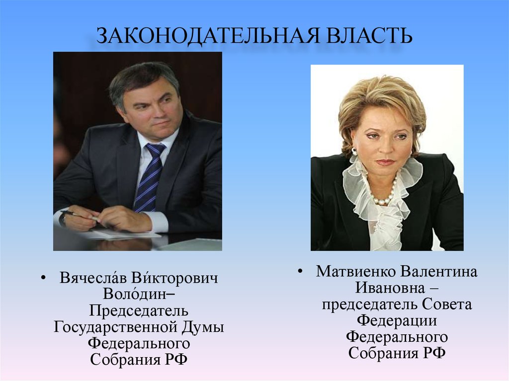 Представители законодательной власти. Кто возглавляет законодательную власть в России. Глава федерального собрания РФ. Глава законодательной власти в РФ. Руководители законодательной власти.