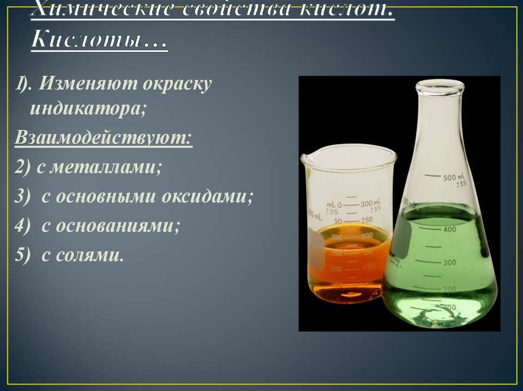 Кислоты изменяют окраску индикаторов. Изменяют окраску индикаторов,взаимодействуют с металлами. Химические свойства кислот меняют окраску индикаторов. Химические свойства изменяют окраску индикаторов. Кислоты изменяют окраску.