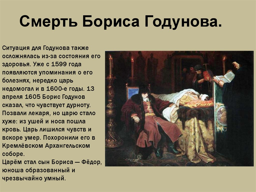 В каком году умер годунов. Смерть Бориса Годунова картина. Смерть свна Бориса голуноап.