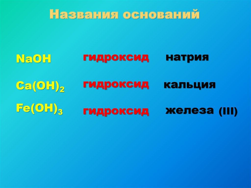 Основание 42. Названия оснований. CA Oh 2 простое или сложное. Назови основание не являющееся щелочами.