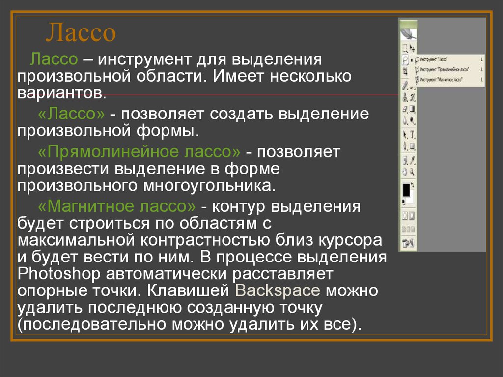 Любой форме с помощью любых. Инструмент магнитное лассо используется для. Прямолинейное лассо. Инструмент прямолинейное лассо. Инструмент магнитная Ласса используется для.