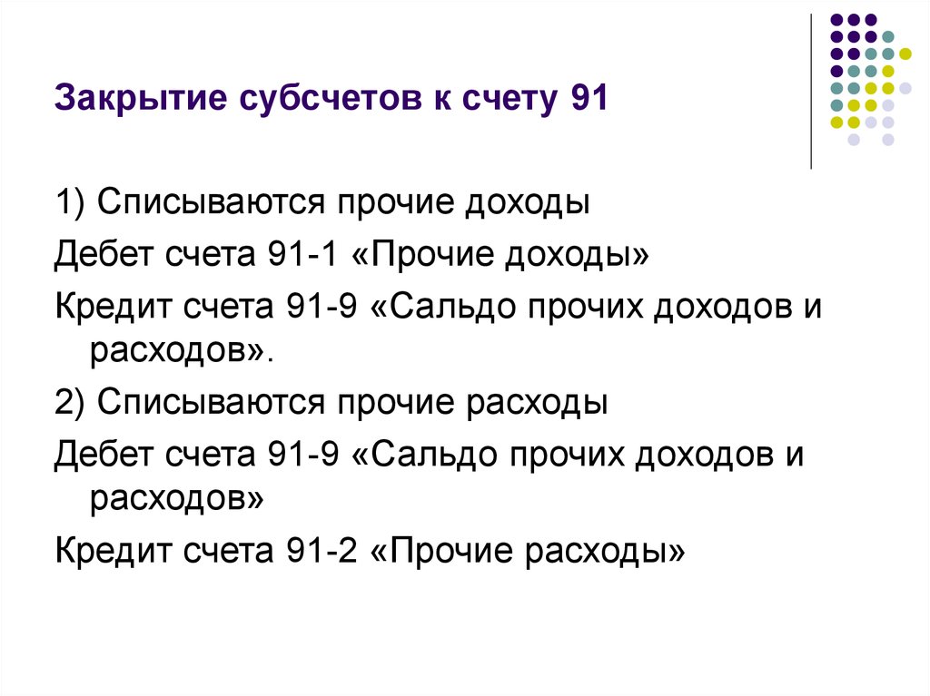 Субсчета 91 счета