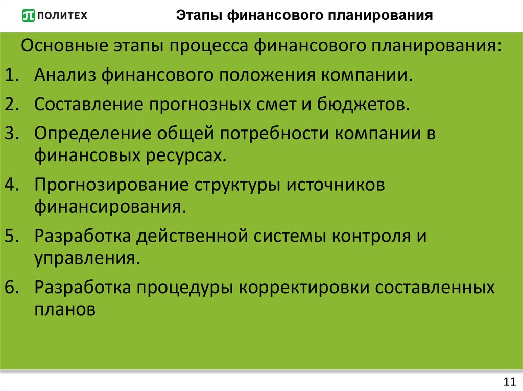 Планирование финансов организации. Анализ и планирование финансов предприятия. Перечислите этапы финансового планирования. Основные этапы процессов постановки финансового планирования. Этапы процесса планирования финансов предприятия.