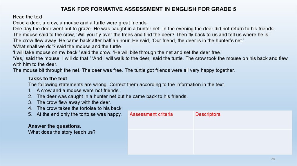 TASK FOR FORMATIVE ASSESSMENT IN ENGLISH FOR GRADE 5 
