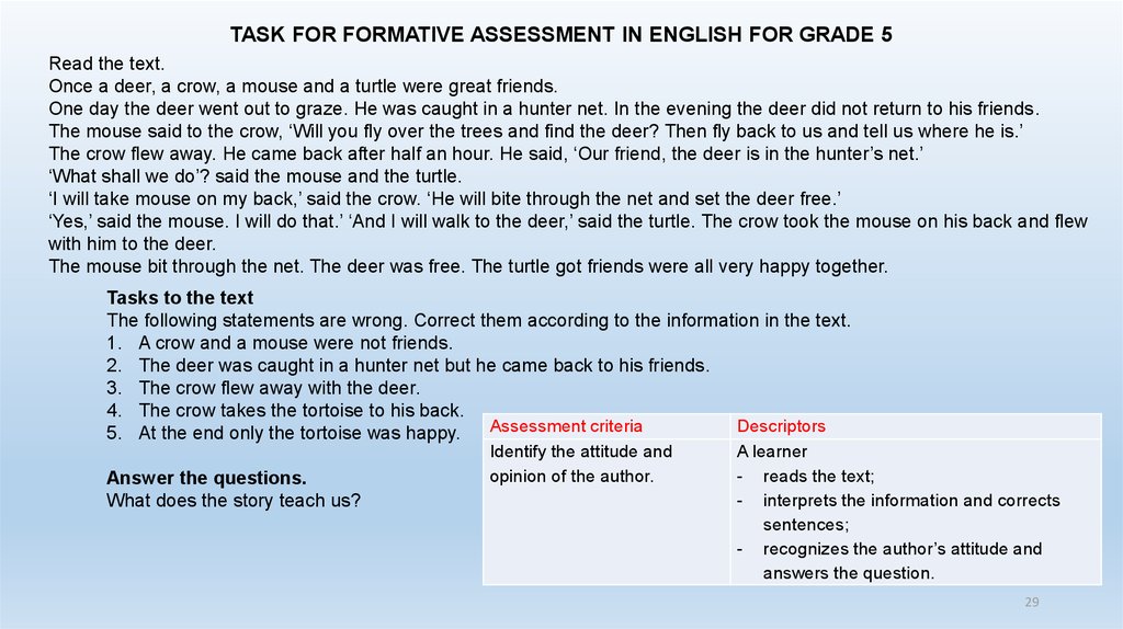 TASK FOR FORMATIVE ASSESSMENT IN ENGLISH FOR GRADE 5