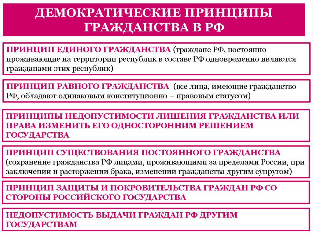 Принципы республики. Демократические принципы гражданства. Принцип единого гражданства. Принцип недопустимости лишения гражданства. Принцип существования постоянного гражданства.