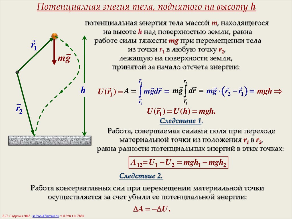 Потенциальная энергия тела поднятого на высоту