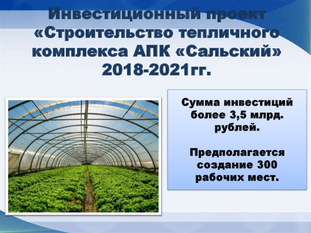 Инвестиционный проект «Строительство тепличного комплекса АПК «Сальский» 2018-2021гг.