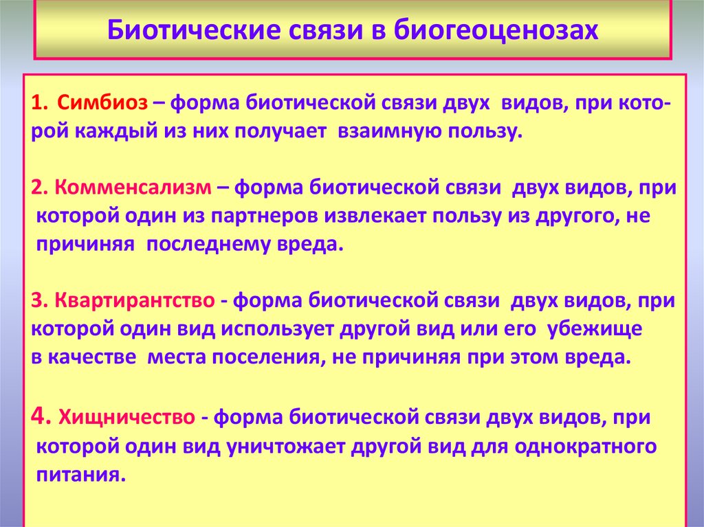 Биологические связи организмов. Биотические связи. Основные формы биотических связей в природе. Основные формы биологических связей в антропобиогеоценозах. Типы биотические взаимоотношения.