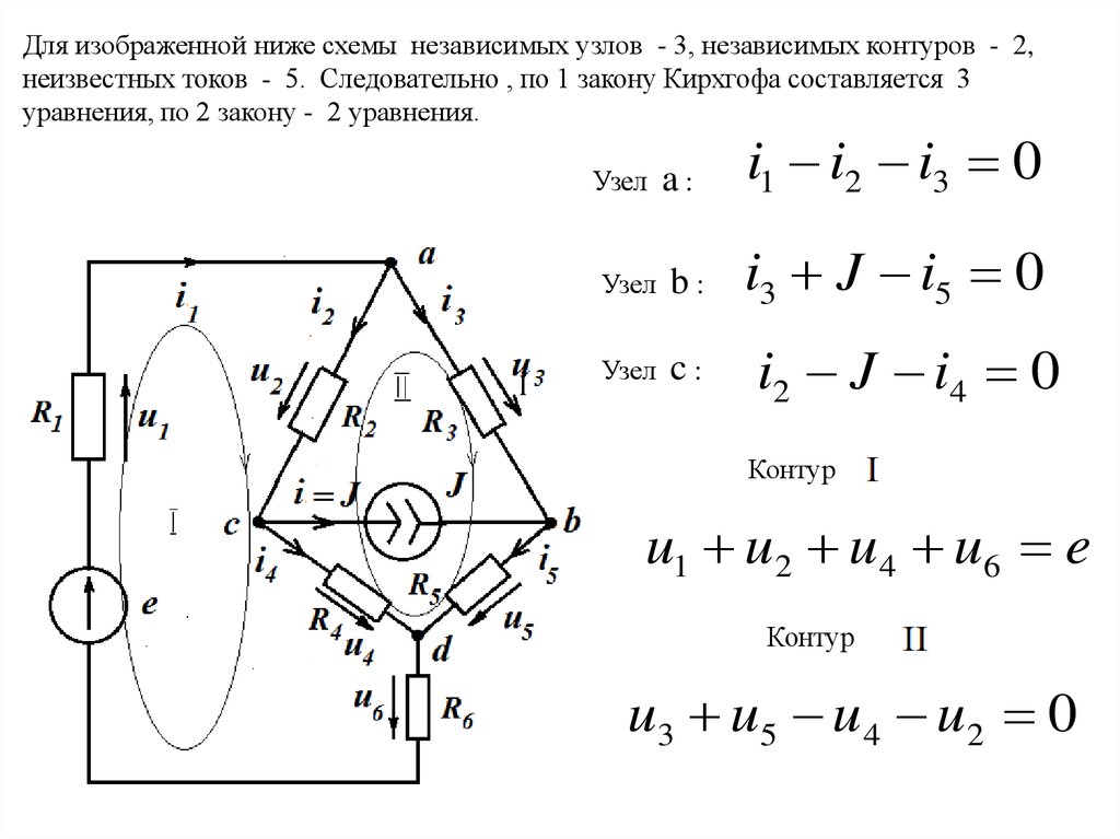 Чему равно количество независимых уравнений по второму закону кирхгофа для изображенной схемы