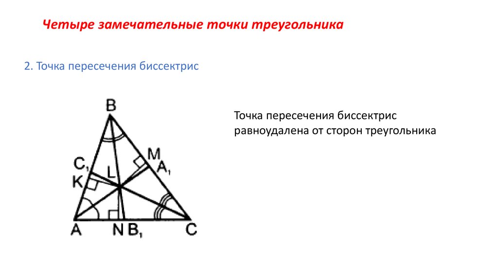 Теорема о пересечении высот треугольника. Точка пересечения высот треугольника. Точка пересечения биссектрис. Четыре замечательные точки треугольника.