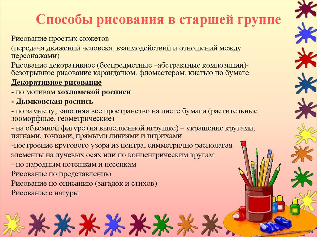 Рисование по описанию. Методы и приемы в рисовании. Методы и приемы рисования в младшей группе. Приемы декоративного рисования. Способы рисования в старшей группе.