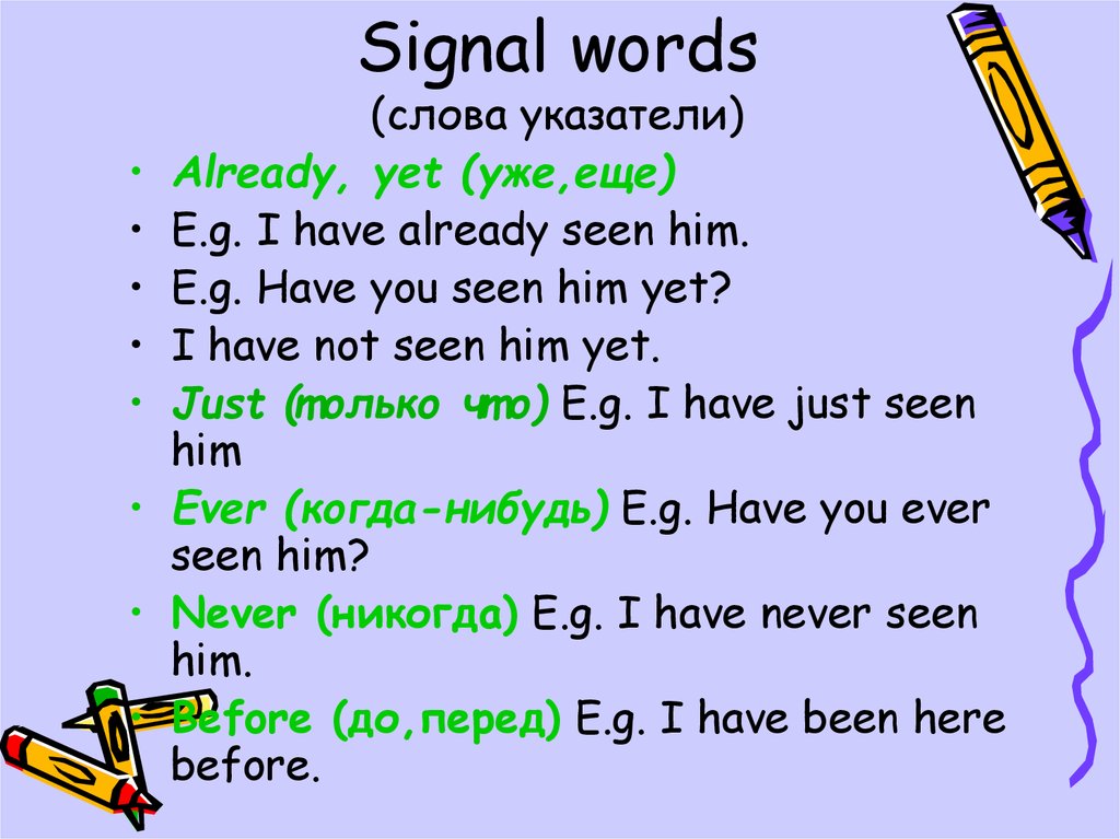 Already с английского на русский. Указатели present perfect. Предложения в present perfect с указателями времени. Слова указатели. Сигналы present perfect.