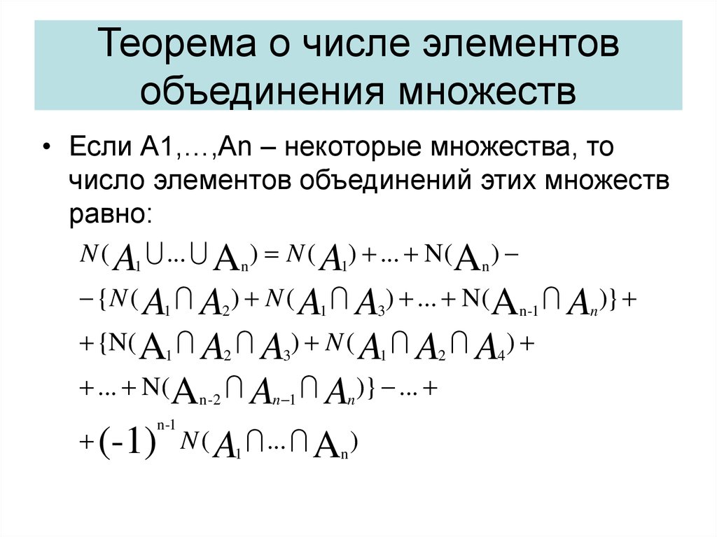 Объединение элементов множеств. Число элементов объединения множеств. Число элементов в объединении конечных множеств. Теорема о числе элементов Объединенных множеств. Число элементов объединения двух множеств.