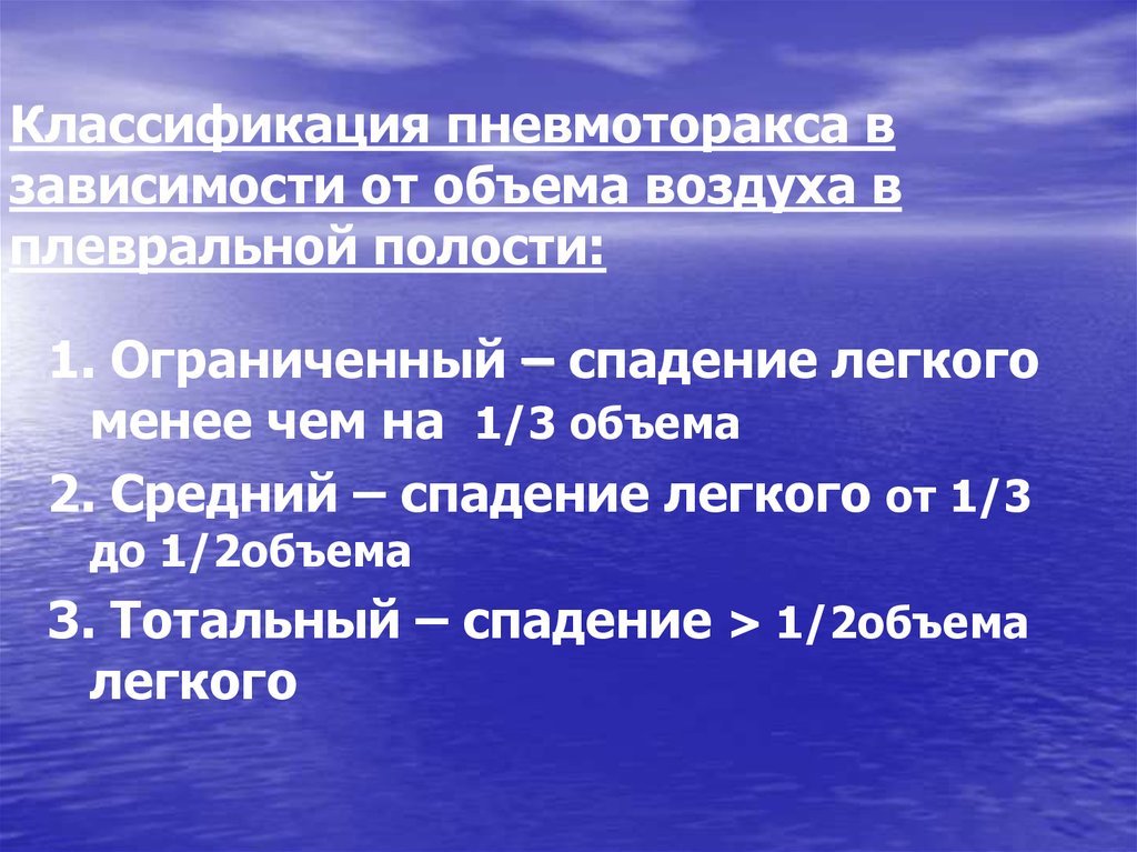 Объем воздуха в плевральной полости. Классификация пневмоторакса по объему воздуха.