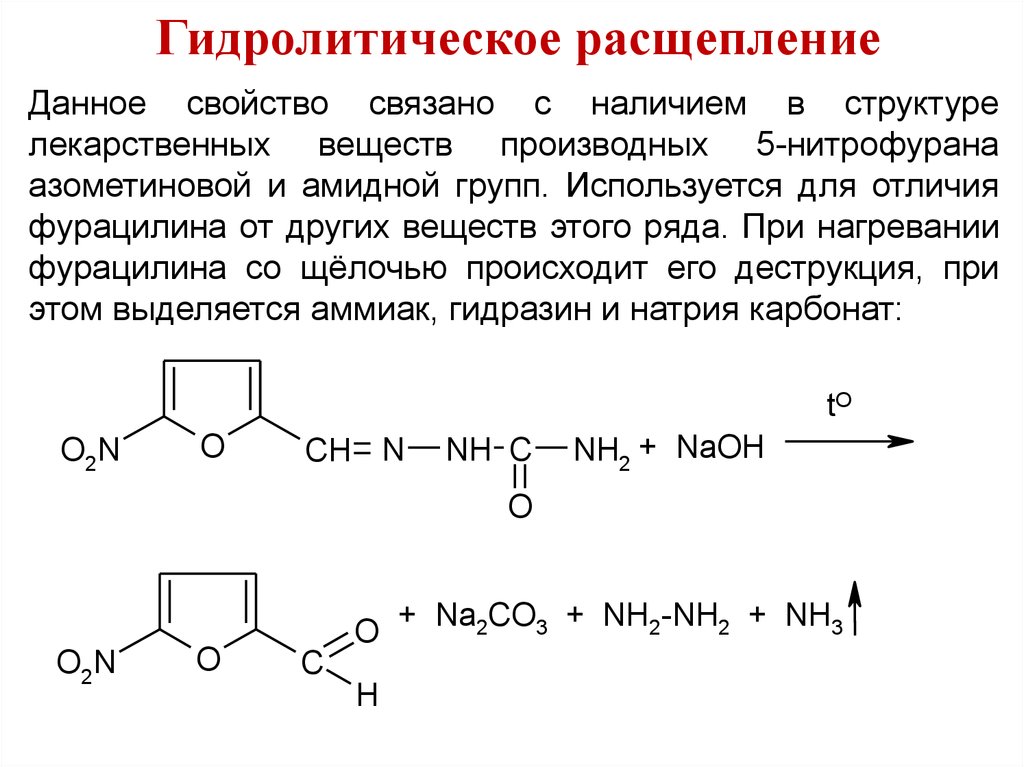 Структурная реакция. Фурацилин гидролитическое разложение. Гидролитическое расщепление анальгина. Атропин гидролитическое расщепление. Гидролитическое расщепление фурацилина.