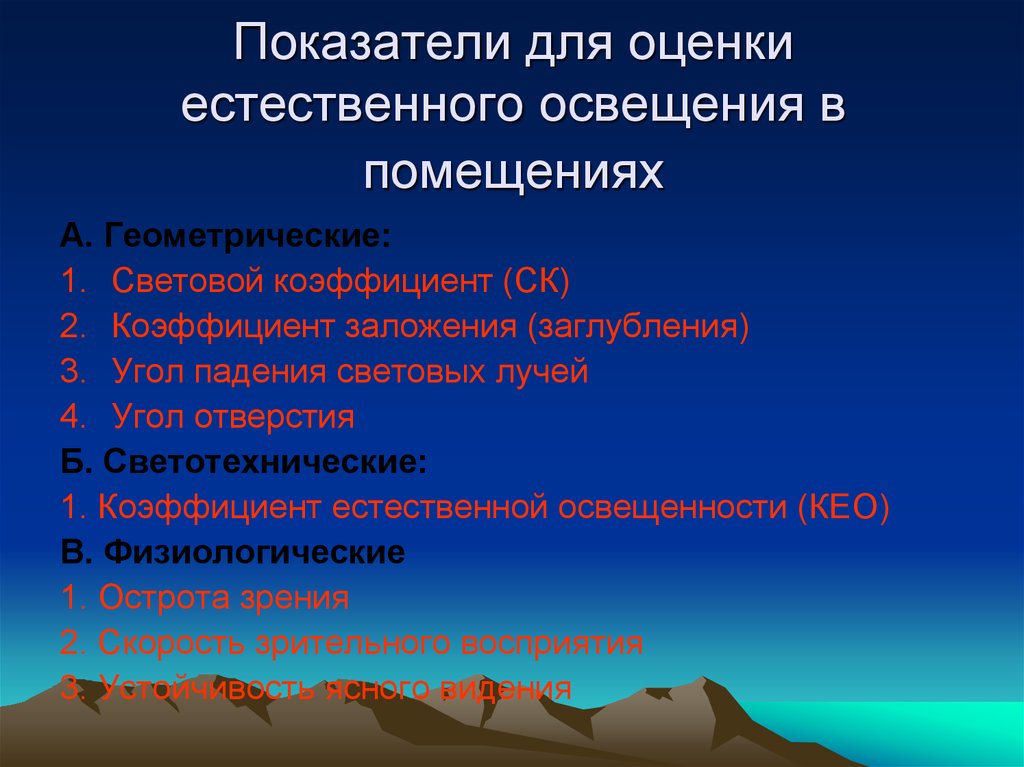 Показатели оценки освещения. Геометрические показатели естественного освещения. Геометрические показатели для оценки естественного освещения. Показатели для оценки естественного освещения помещений:. Светотехнические показатели оценки естественного освещения.