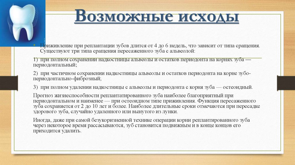 Возможные исходы. Реплантация зуба методика. Типы сращения реплантированных зубов. Осложнения после реплантации зуба.