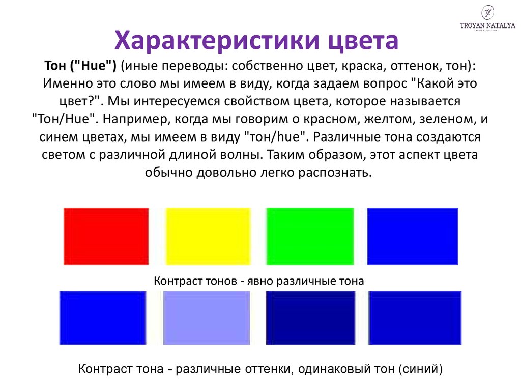 Характеристики цвета Тон ("Hue") (иные переводы: собственно цвет, краска, оттенок, тон): Именно это слово мы имеем в виду,