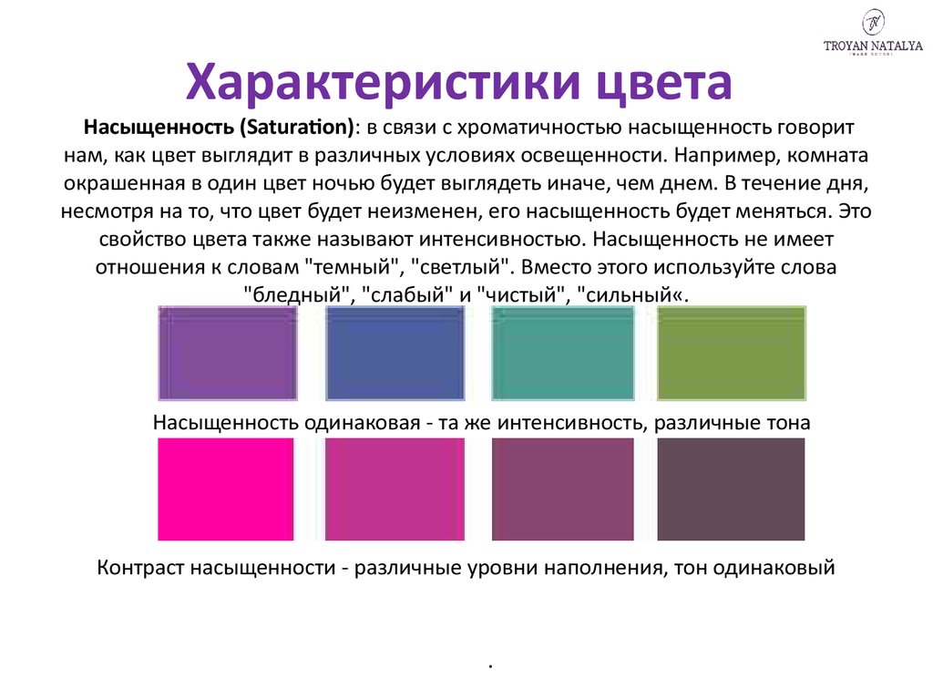 Характеристики цвета Насыщенность (Saturation): в связи с хроматичностью насыщенность говорит нам, как цвет выглядит в
