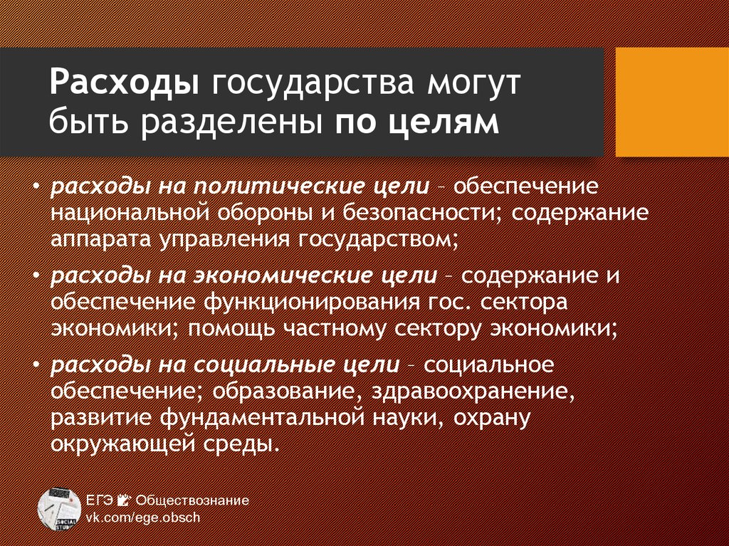 Расходы государства могут быть разделены по целям