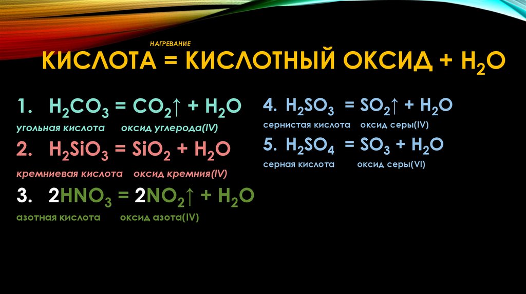 нагревание Кислота = кислотный оксид + H2O