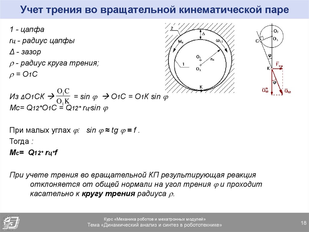 Радиус сил трения. Круг трения ТММ. Трение скольжения во вращательной паре. Трение в кинематических парах.. Момент трения в во вращательной кинематической паре.