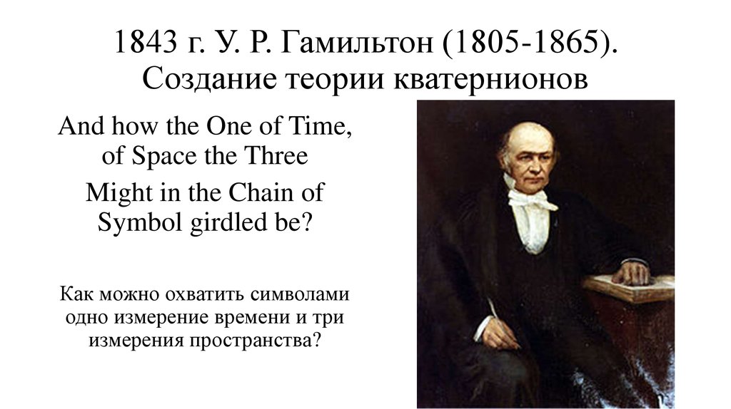 1843 г. У. Р. Гамильтон (1805-1865). Создание теории кватернионов