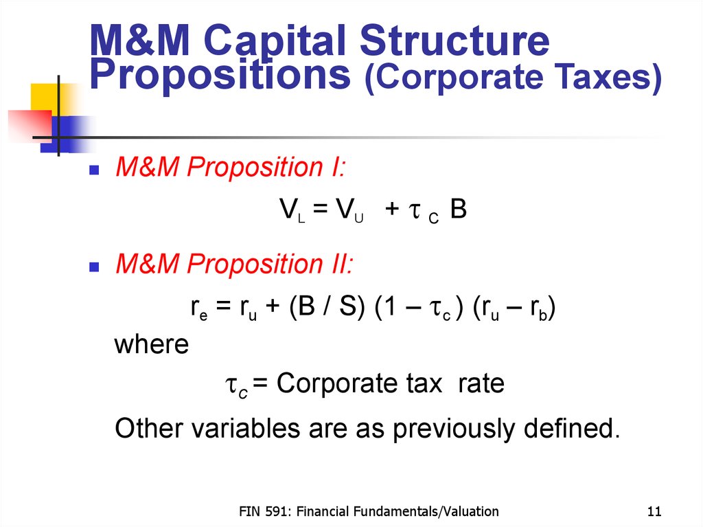 M&M Capital Structure Propositions (Corporate Taxes)