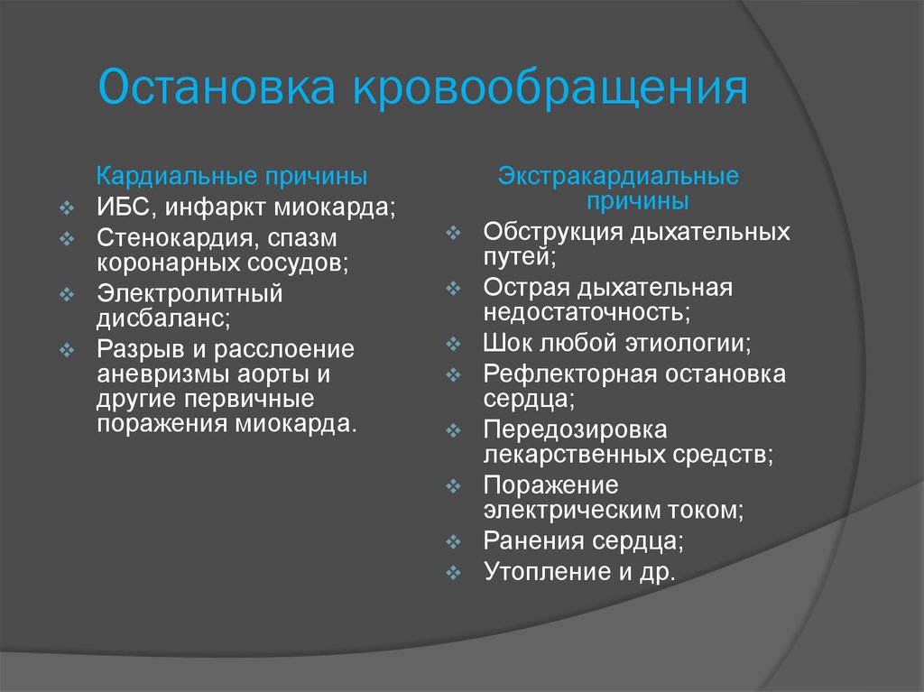 Признаком остановки сердца не является. Причины остановки кровообращения. Механизмы остановки кровообращения. Причины внезапной остановки кровообращения.