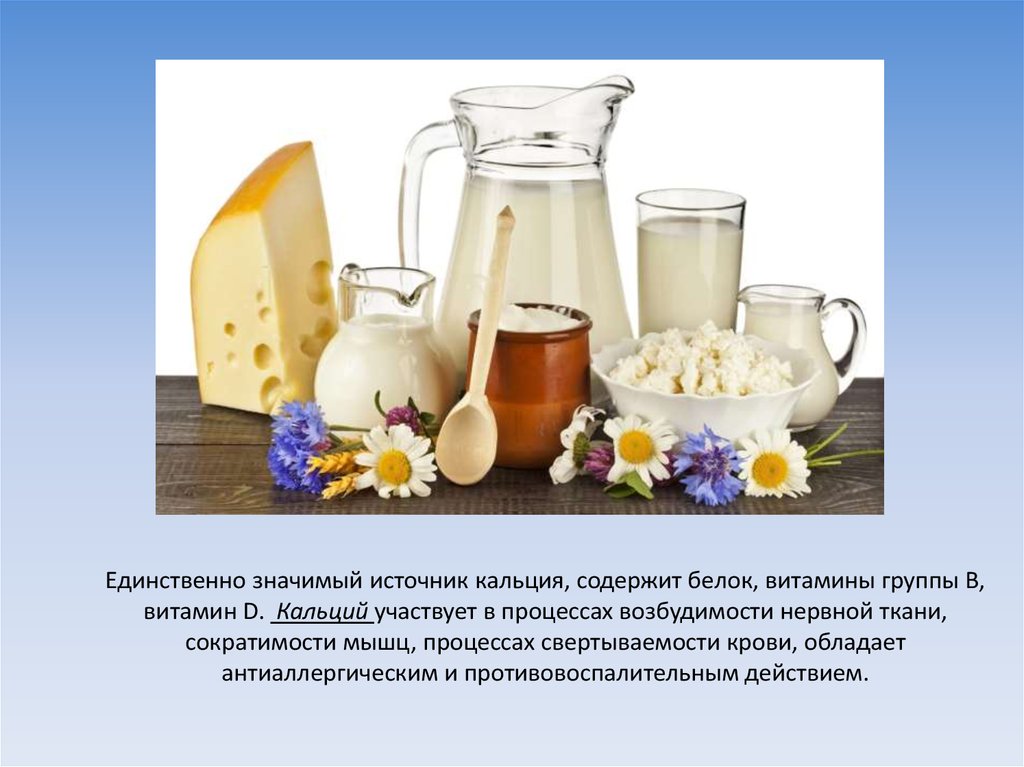 Единственно значимый источник кальция, содержит белок, витамины группы В, витамин D.  Кальций участвует в процессах