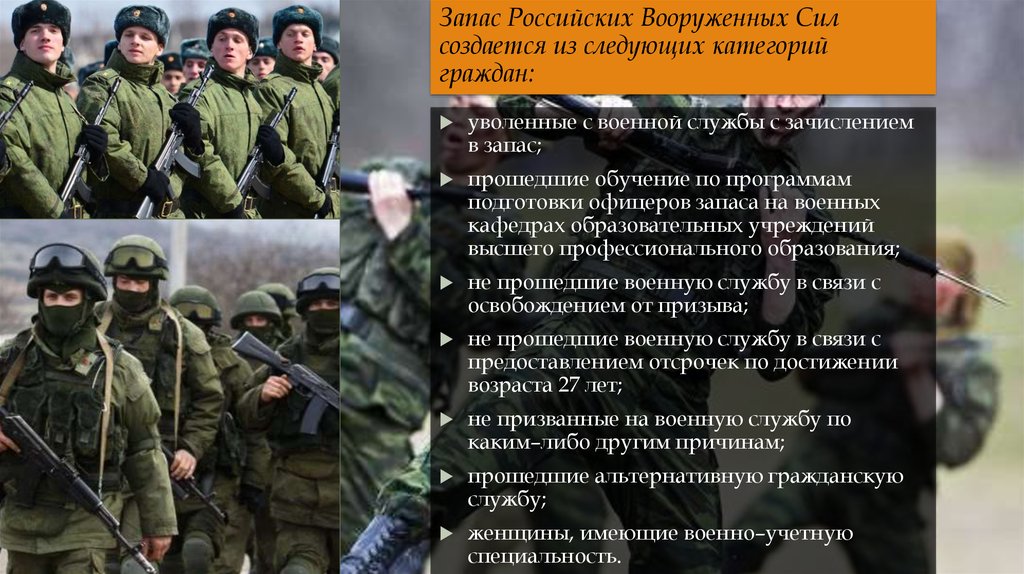 Запас Российских Вооруженных Сил создается из следующих категорий граждан: