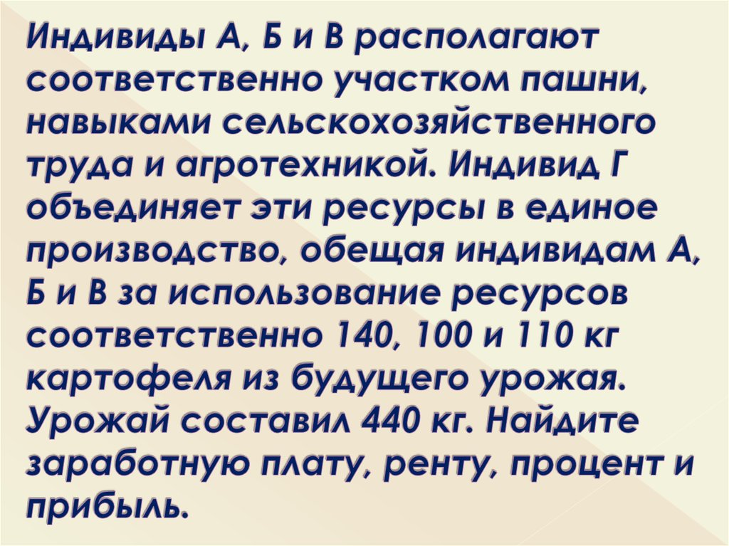 Индивиды А, Б и В располагают соответственно участком пашни, навыками сельскохозяйственного труда и агротехникой. Индивид Г