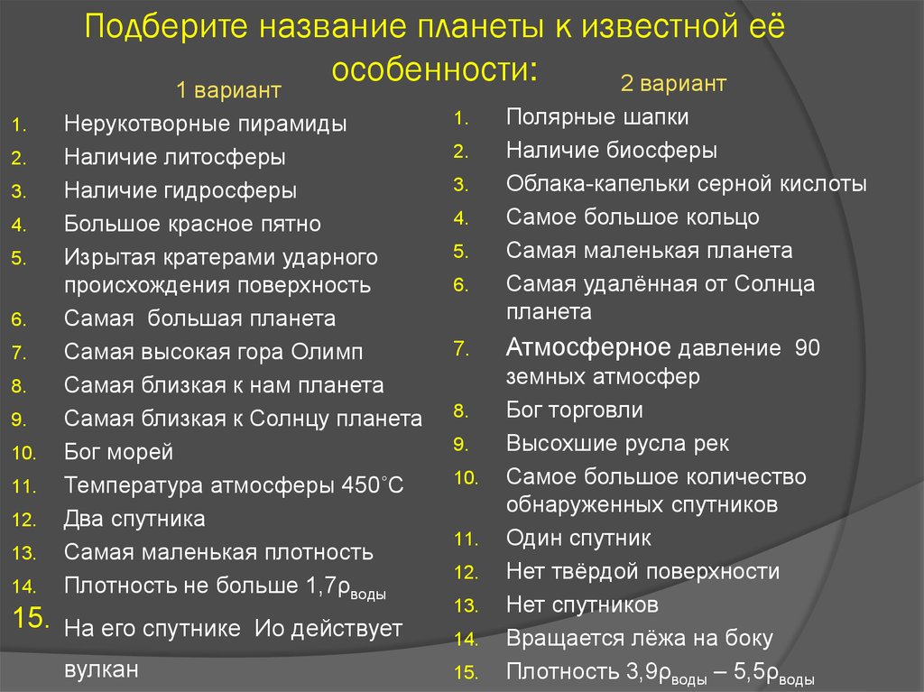 Выберите название. Подберите название планеты к ее особенности. Подберите названия планеты к известной её особенности. Подберите название планеты к известной её особенности нерукотворные. Подбор названия.