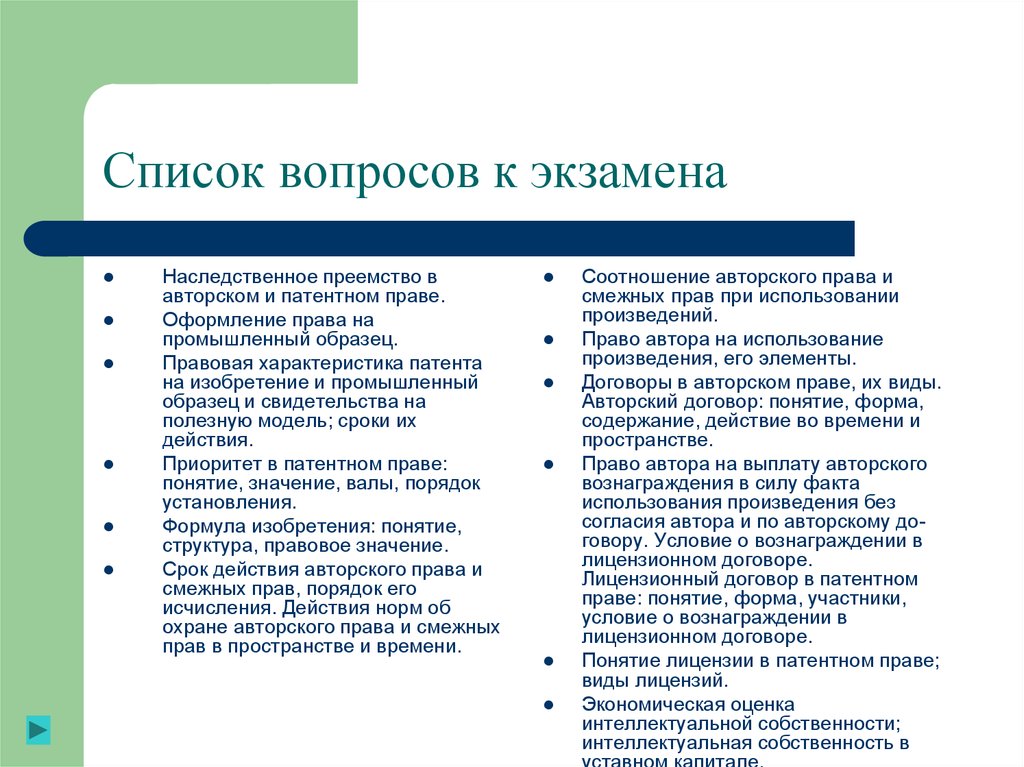 Список вопросов. Список вопросов к экзамену. Особенности правовой охраны секретных изобретений. Особенности правовой охраны. Структура авторского договора.