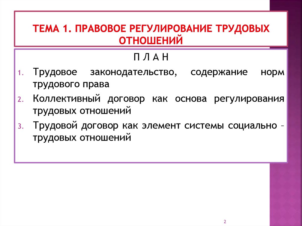 Правовое регулирование трудовых отношений план