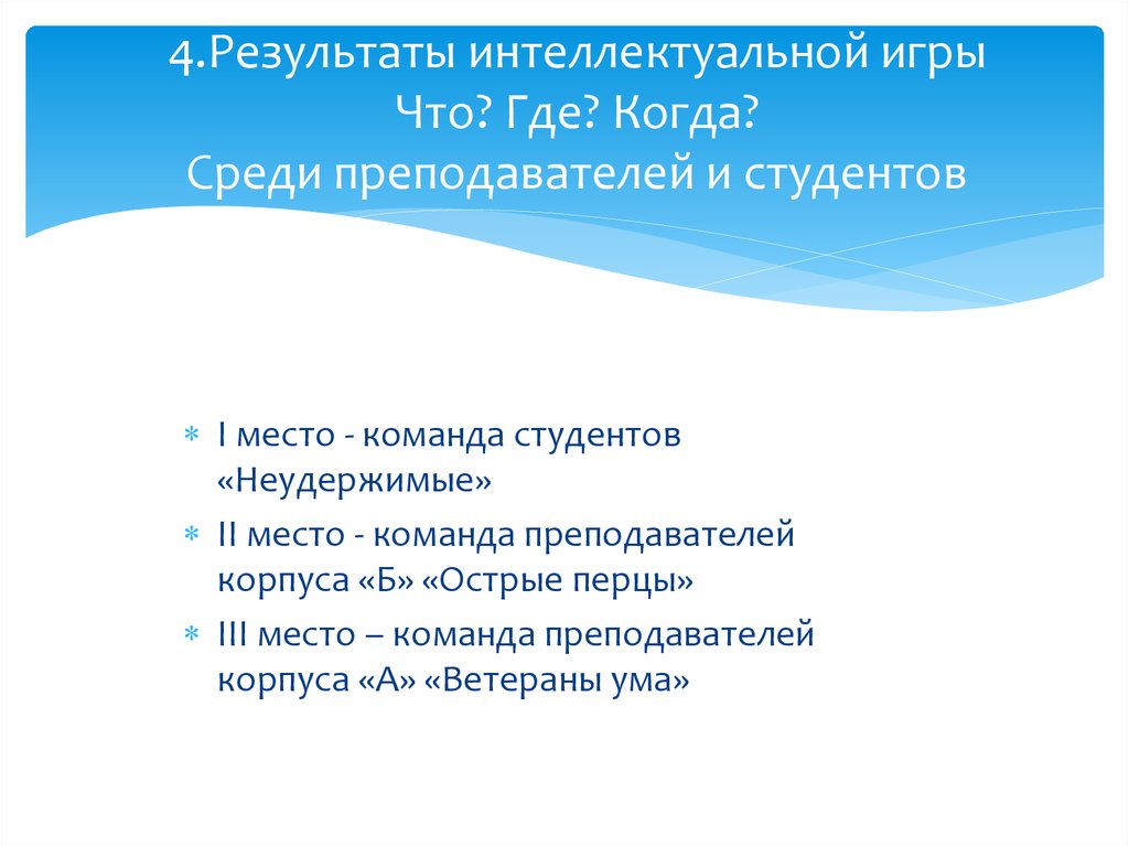 4.Результаты интеллектуальной игры Что? Где? Когда? Среди преподавателей и студентов