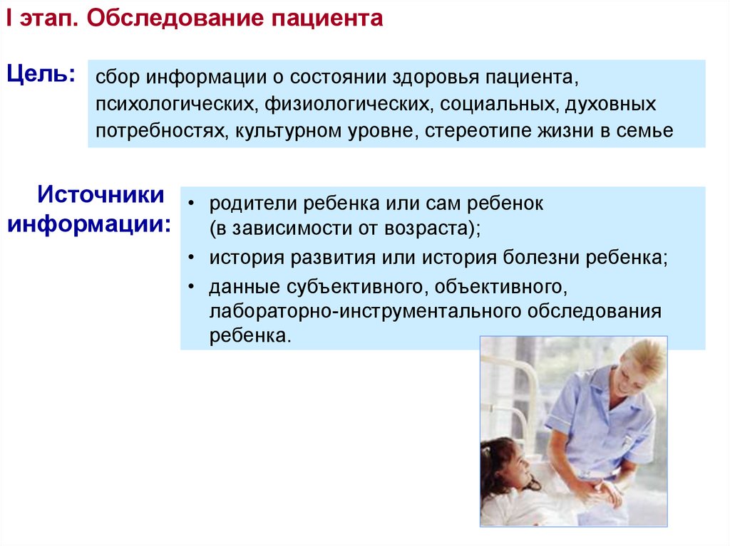 Сестринское обследование пациентов с заболеваниями. Этапы обследования пациента. Первый этап обследования больного. Особенности сестринского процесса при работе с детьми. Цель обследования пациента.