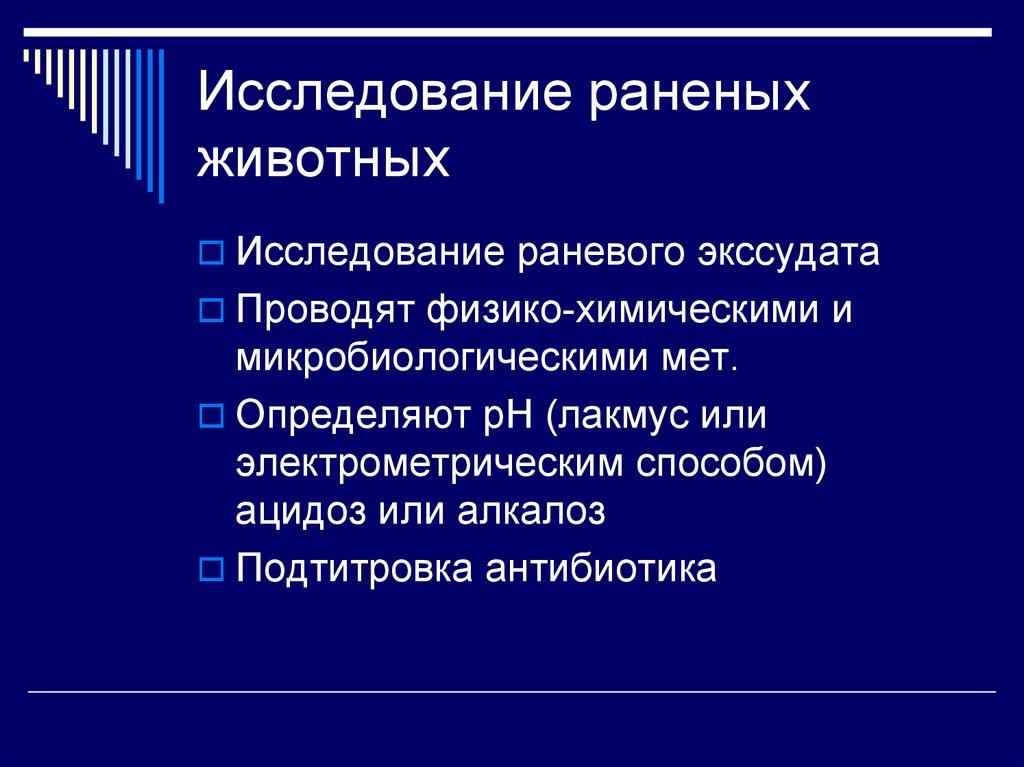 Исследования ран. Исследование раненых животных. Исследование общего состояния раненого животного.. Методы и способы изучения раневого канала.