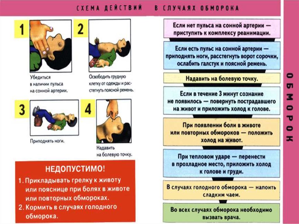 Наличие пульса на сонной. Памятка при обмороке. Порядок действий в случае обморока. Оказание первой помощи при потере сознания на производстве. Действия в случае обморока пострадавшего.