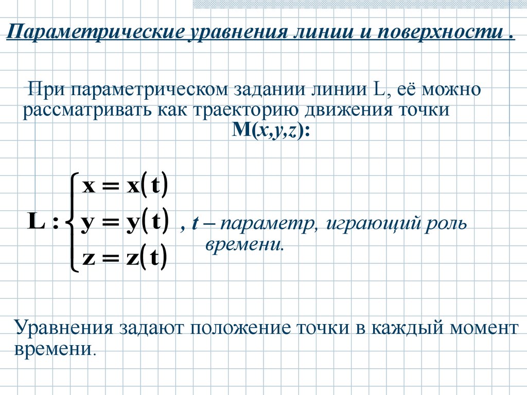 Поверхностные представления. Параметрическое уравнение линии. Параметрические уравнения линий и поверхностей.. Параметрическое уравнение поверхности. Параметрическое задание линии в пространстве.