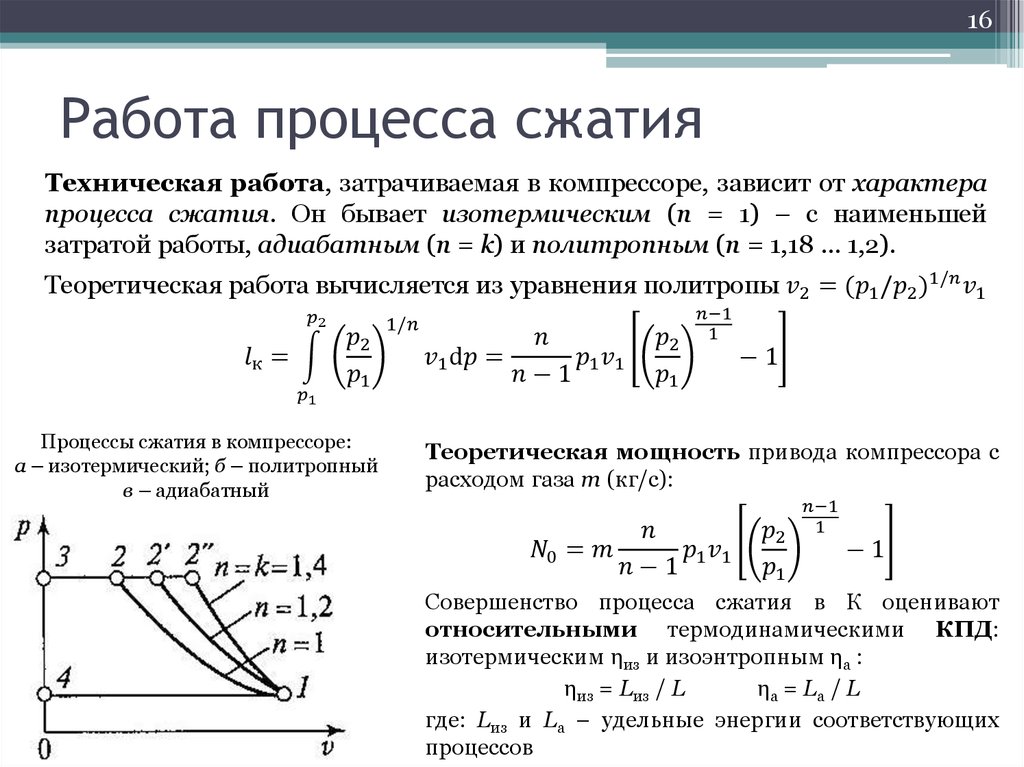 Работа сжатого газа. Политропное сжатие в компрессоре формула. Политропа сжатия винтового компрессора формула. Изотермический процесс сжатия газа в компрессоре. Политропный КПД процесса сжатия.