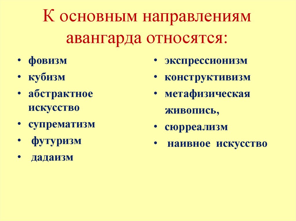 Перечислить направления. Основные направления русского Авангарда. Направления русского Авангарда таблица. Основные направления Авангарда в живописи. Течения русского Авангарда 20 века.