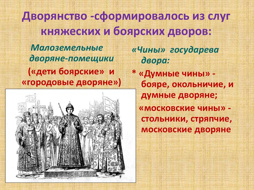 Дворянство -сформировалось из слуг княжеских и боярских дворов: