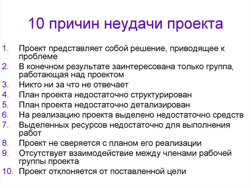 Какой из приведенных факторов в большинстве случаев вызывает неудачи в реализации проектов