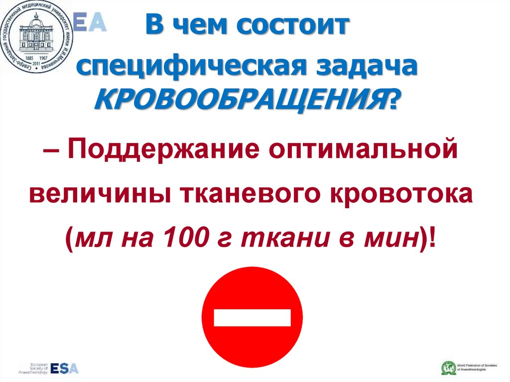 – Поддержание оптимальной величины тканевого кровотока (мл на 100 г ткани в мин)!